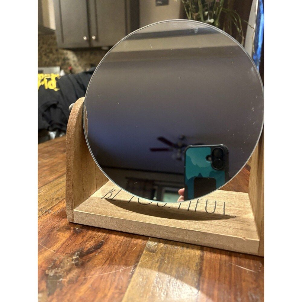 Rae Dunn Round Wooden Framed Vanity Tabletop Mirror Modern Home Decor
